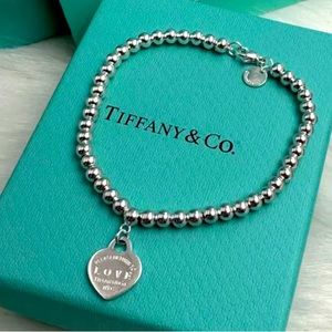 Tiffany & Co. 925 Sterling Silver Blue Heart Tag 4mm Beaded authentic EUC